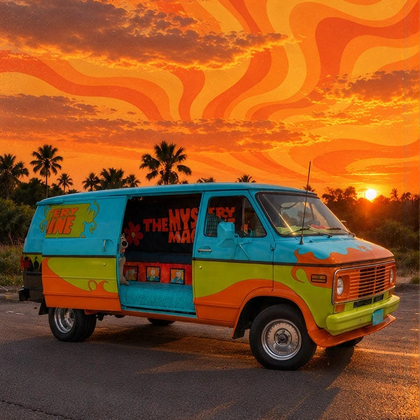 The teal, green and orange 1977 Chevrolet G20 custom van parked on pavement under a swirling orange sunset sky
