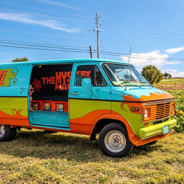 Front three-quarter view of the teal, green and orange custom van with its side door open, parked on grass under a blue sky