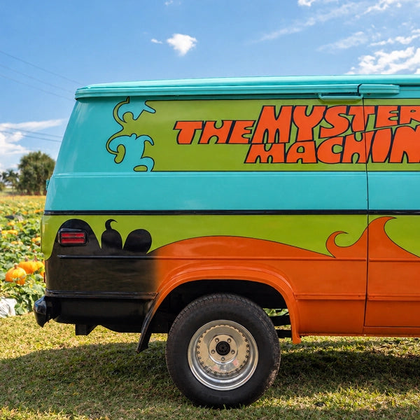 Close-up of the van's rear quarter with custom orange, green and teal graphics and chrome wheels
