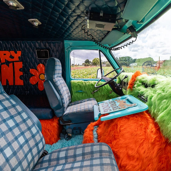 The cab from the passenger side: plaid captain's chair, quilted ceiling, green and orange shag