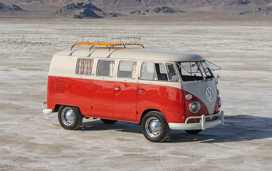 Vanlife 1963 VW Kombi Camper van parked on open plains with small hills in the background