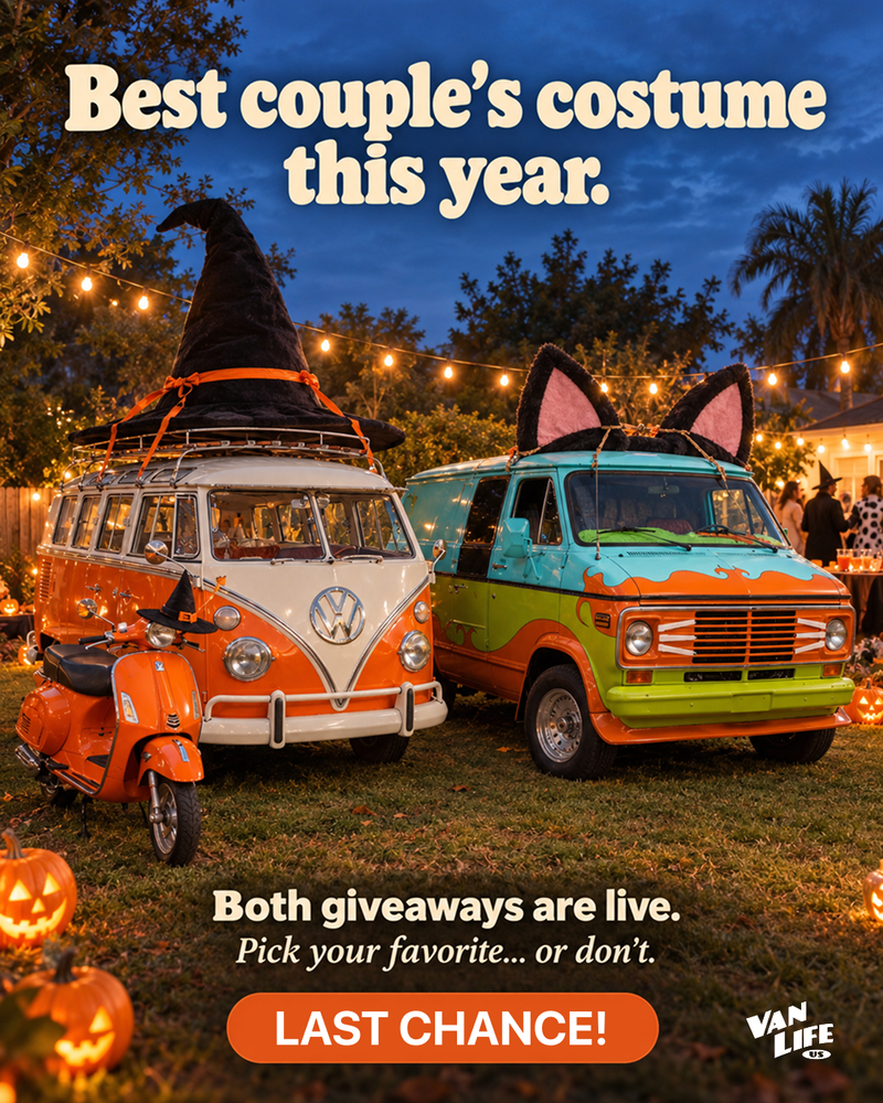 The ad image: an orange-and-white VW Bus wearing a giant witch hat next to an orange Vespa, and a teal, green and orange custom van wearing cat ears, parked on grass at night under string lights with jack-o'-lanterns. Text: Best couple's costume this year. Both giveaways are live. Pick your favorite... or don't. Last chance!