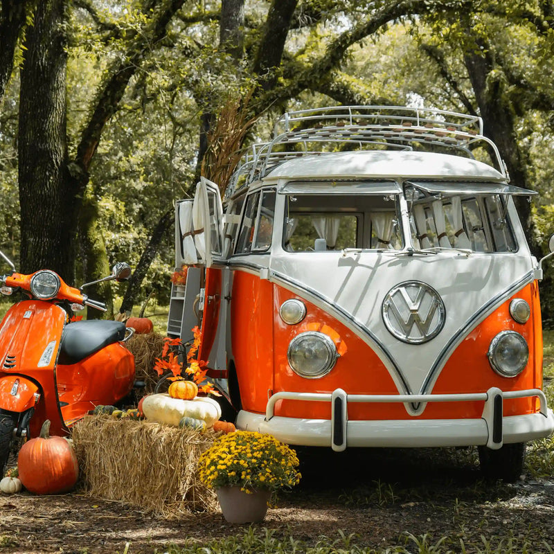 The orange and white 1969 VW Bus with its matching orange Vespa, parked under oak trees with pumpkins and hay bales