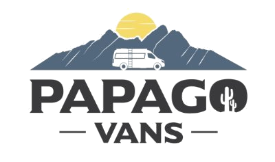 Papago Vans logo with a van on mountains and sun